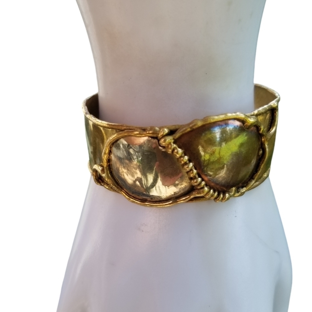 VINTAGE BRUTALIST STYLE ARTISAN MADE BRASS, COPPER & SILVER CUFF BRACELET